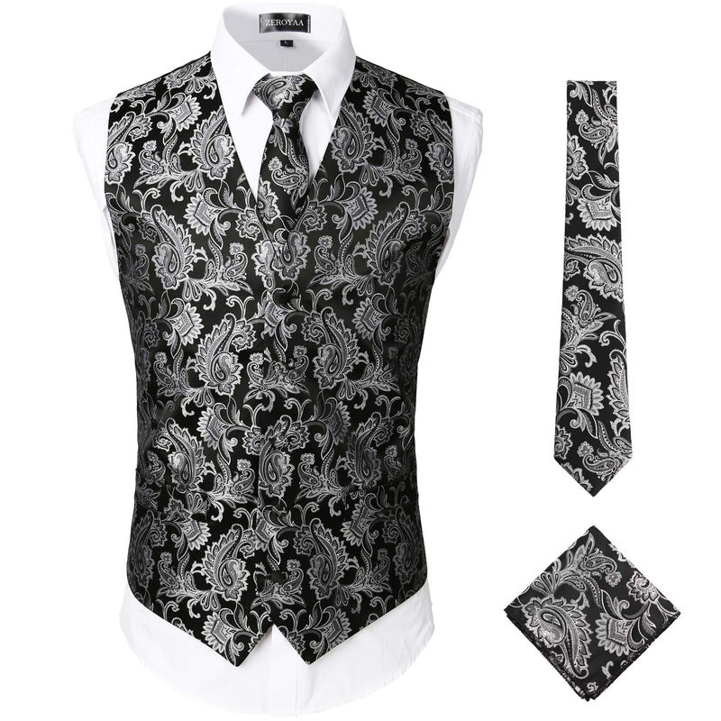 ZEROYAA Mens Classic 3pc Jacquard Paisley Vest Set Necktie Pocket Square Waistcoat for Suit or Tuxedo ZLSV08 Black Silver Small - Image 1